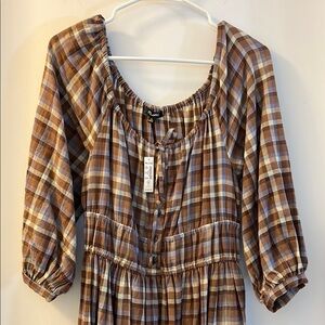 NWT Madewell Plaid Brown and Cream Dress